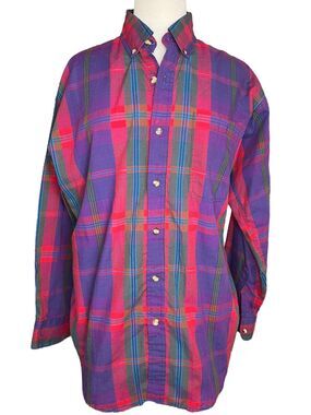 Vintage Steeplechase Mens Plaid Red Blue Button Up Western Shirt Medium Casual